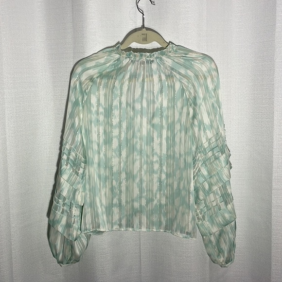 BCBG MaxAzria Semi-sheer blouse. Aqua & white with fine metallic stripes. - Picture 2 of 4